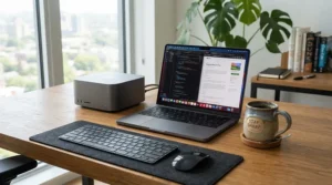 Portable UV-C air purifier sitting neatly on a home office desk next to a laptop