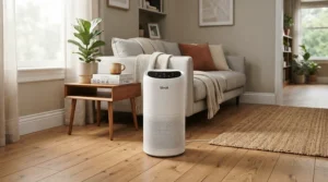A sleek UV-C air purifier operating quietly in a modern British living room during winter