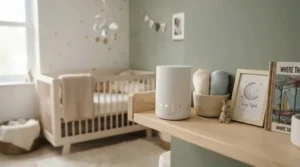Quiet UV-C air purifier running in a peaceful nursery room to ensure clean air for a baby