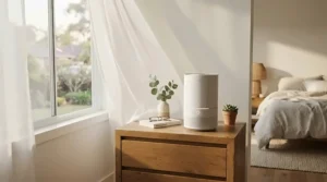 Whisper-quiet UV-C air purifier for bedroom operating peacefully in a tranquil morning setting
