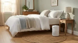 An air purifier for dust mite allergy placed in a tidy British bedroom next to a neatly made double bed.