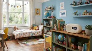 A compact air purifier for dust mite allergy operating safely in a child's nursery in Manchester.