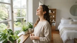 A relieved allergy sufferer breathing easily indoors thanks to an air purifier for dust mite allergy.