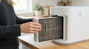 A technician inspecting the HEPA microfiltration filter inside an air purifier for dust mite allergy.