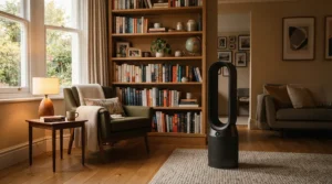 An air purifier for dust mite allergy running quietly in a cosy London terraced house living room.