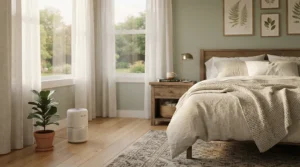 A quiet air purifier for hayfever bedroom operating overnight to ensure uninterrupted sleep quality.