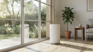 An efficient air purifier for hayfever bedroom placed near a closed double-glazed window during spring pollen season.