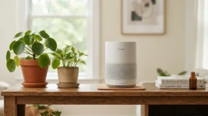 A compact air purifier for hayfever bedroom fitted neatly onto a small shelving unit.
