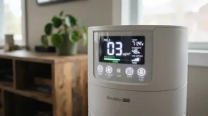 An air purifier for hayfever bedroom showing air quality levels on a clear digital screen.