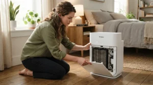 A homeowner checking the HEPA filter on an air purifier for hayfever bedroom.