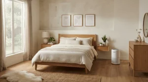 A stylish air purifier for hayfever bedroom blending seamlessly with neutral Scandinavian interior decor.