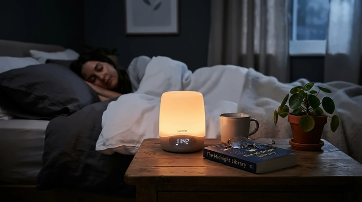 Compact air purifier for hayfever placed on a bedside table for overnight allergy relief