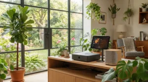 An air purifier for hayfever running in a cosy British living room during high pollen season