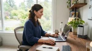 Desktop air purifier for hayfever helping to manage pollen allergy symptoms while working from home