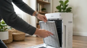 Close-up of replacing the pollen filter mesh inside a modern air purifier for hayfever