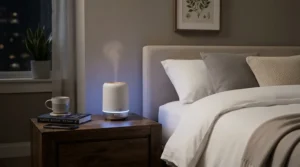 A budget air purifier for hayfever placed on a bedside table for overnight allergy relief