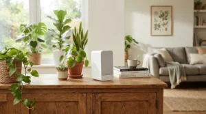 A budget air purifier for hayfever operating in a cosy British living room during spring