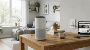 A low-running-cost budget air purifier for hayfever shown alongside an energy meter in a flat