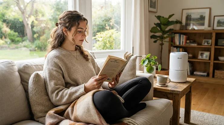 A hayfever sufferer resting comfortably indoors with a budget air purifier for hayfever nearby