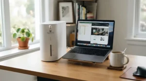 An affordable budget air purifier for hayfever displayed with a price tag on a desk